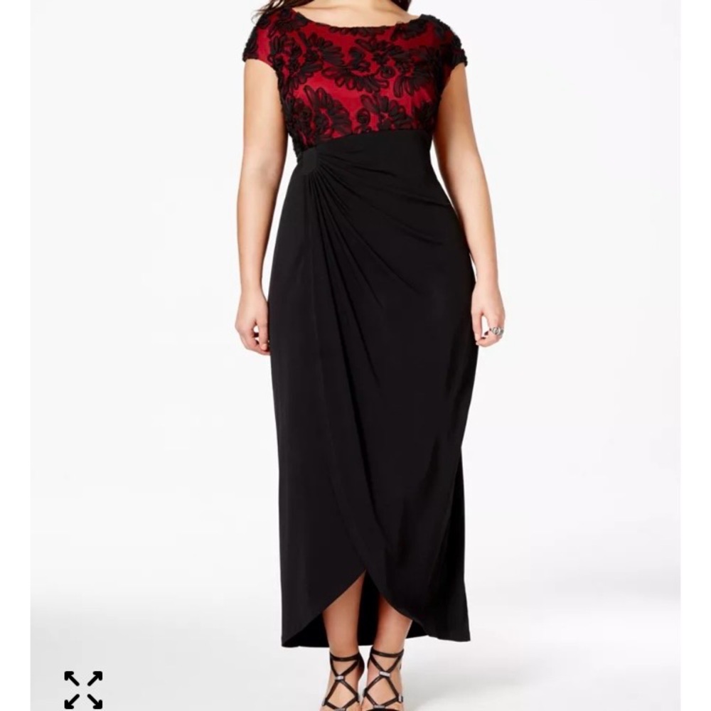 Connected Apparel Elegant Black Maxi Dress with Red Embroidered Bodice Sz 16